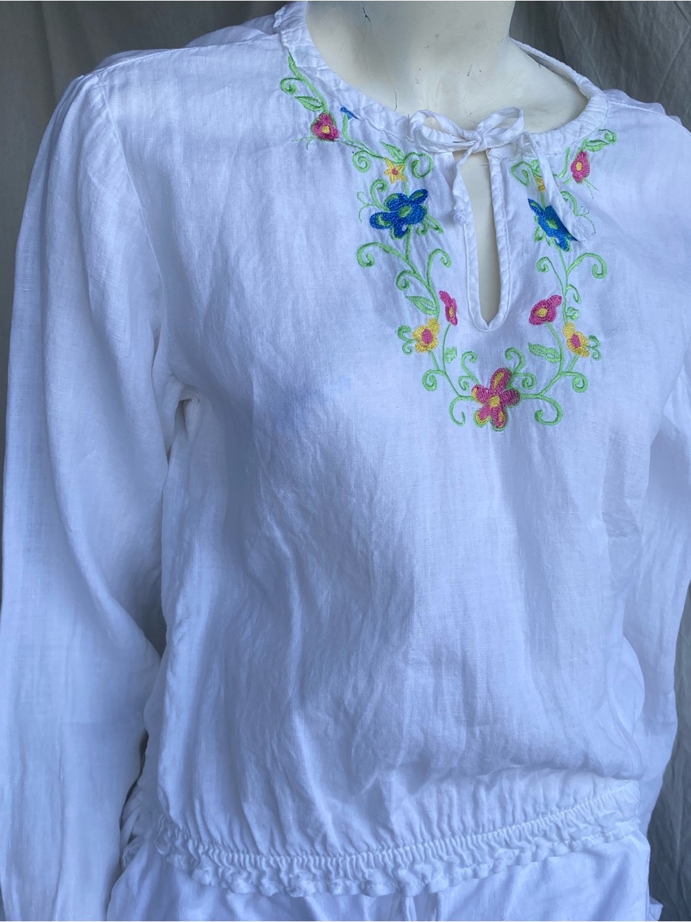 Linen Embroidered Boho Crop Peasant Blouse White